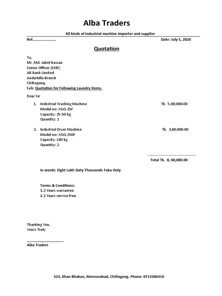 Quotation Ab Bank | PDF | Home Appliance | Domestic Implements