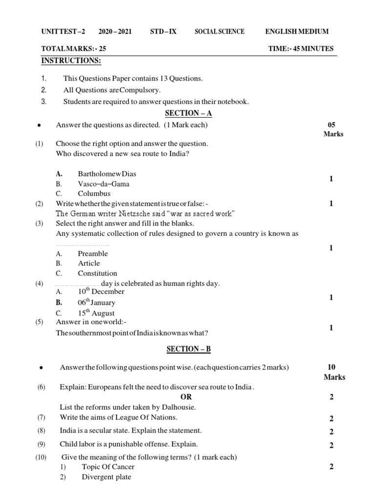 Instructions Unit Test 2 2020 2021 STD Ix Social Science