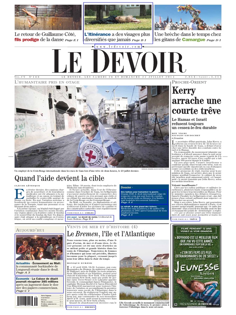 Le Devoir Du 26 Juillet 14 Pdf Bande De Gaza Accident Aerien