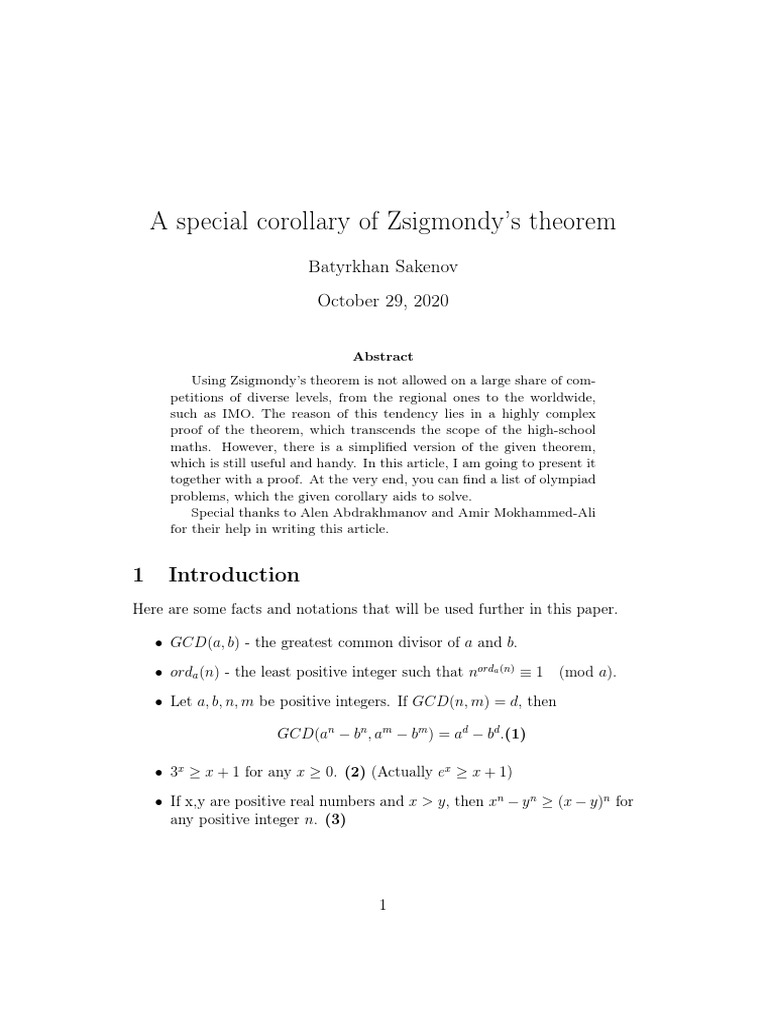 A Special Corollary of Zsigmondy S Theorem PDF Prime Number