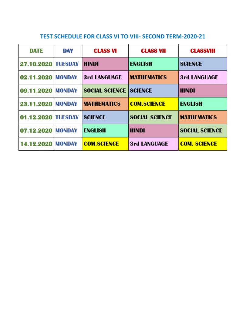 Test Schedule For Class Vi To Viii-Second Term-2020-21: DAY Tuesday ...