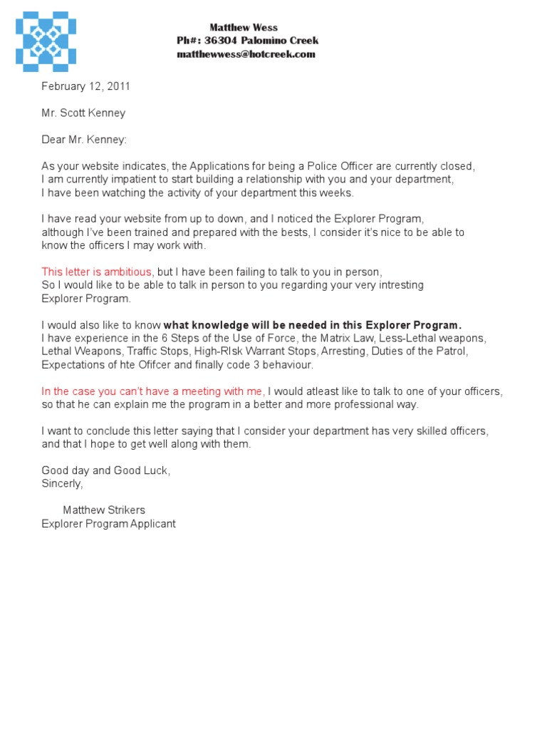 Police Explorer Program Inquiry Letter | PDF