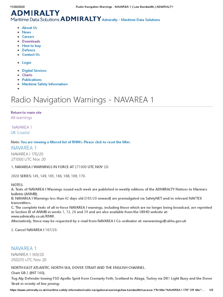 Radio Navigation Warnings - NAVAREA 1 - NAVWARNINGS in FORCE PDF | PDF ...