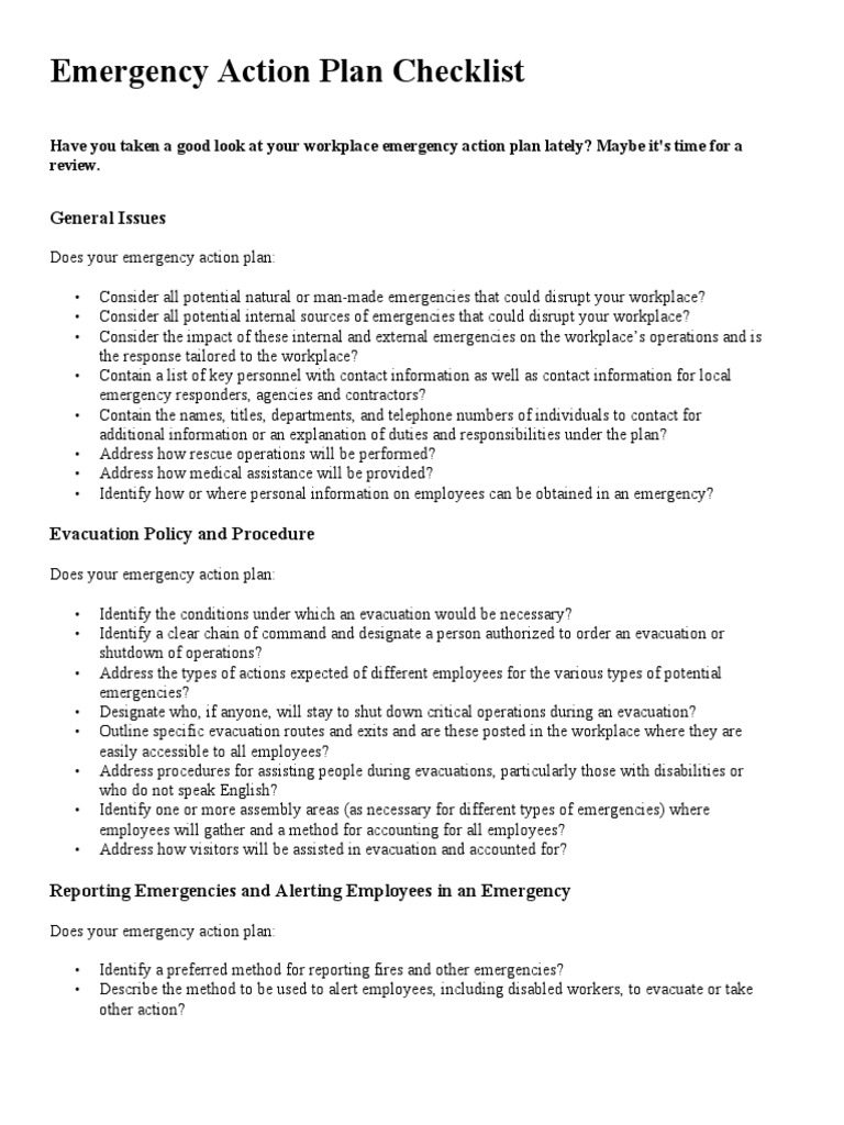 Emergency Action Plan Checklist | PDF | Emergency Evacuation | Emergency