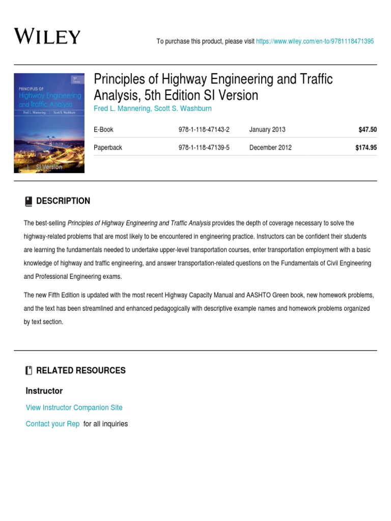 Wiley Principles of Highway Engineering and Traffic Analysis, 5th