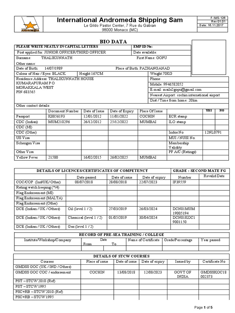 Andromeda Shipping Seaman Application | PDF | Business