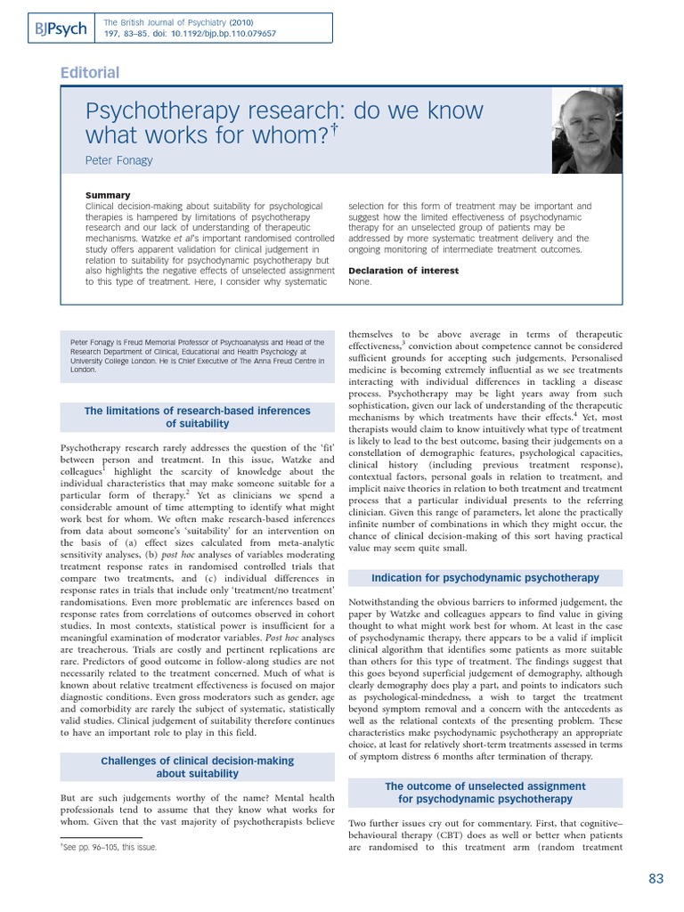 (Peter Fonagy) Psychotherapy Research - Do We Know What Works For Whom ...