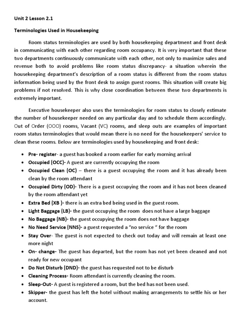 Housekeeping Room Status Terminology Guide | PDF