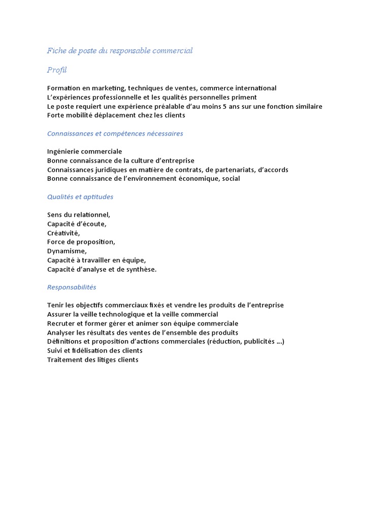 Fiche de poste : Responsable commercial | PDF | Affaires