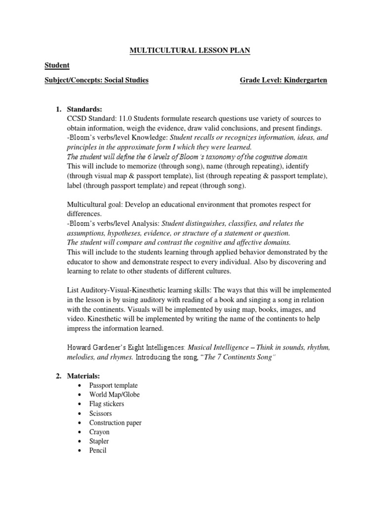 Kindergarten Multicultural Lesson Plan | PDF | Lesson Plan | Learning