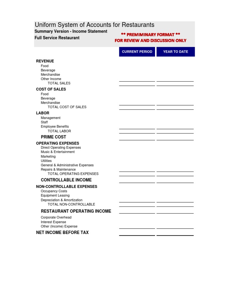 Uniform System of Accounts For Restaurants Summary Version Statement Full Service