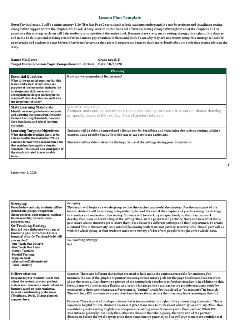 Lesson Plan for Fiction Comprehension | PDF | English As A Second Or ...