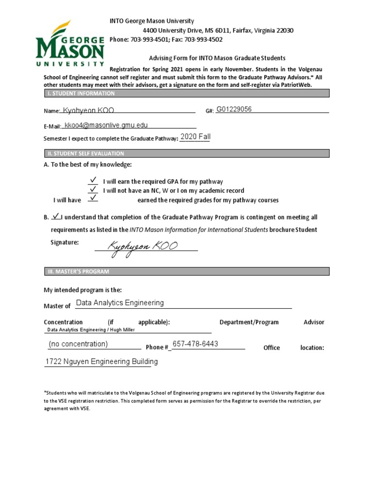 Advising Form-Graduate Spring 2021 Edited Kyohyeon Koo Fixed | PDF ...