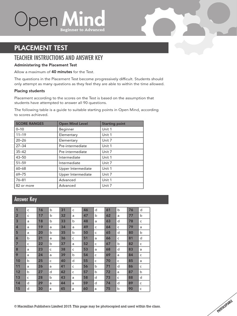 Placement Test: Teacher Instructions and Answer Key | PDF | Teaching ...