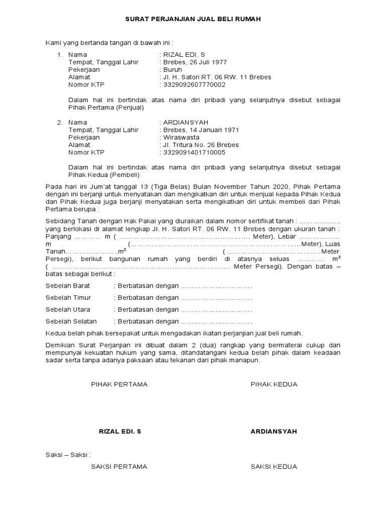 Surat Perjanjian Jual Beli Rumah | PDF