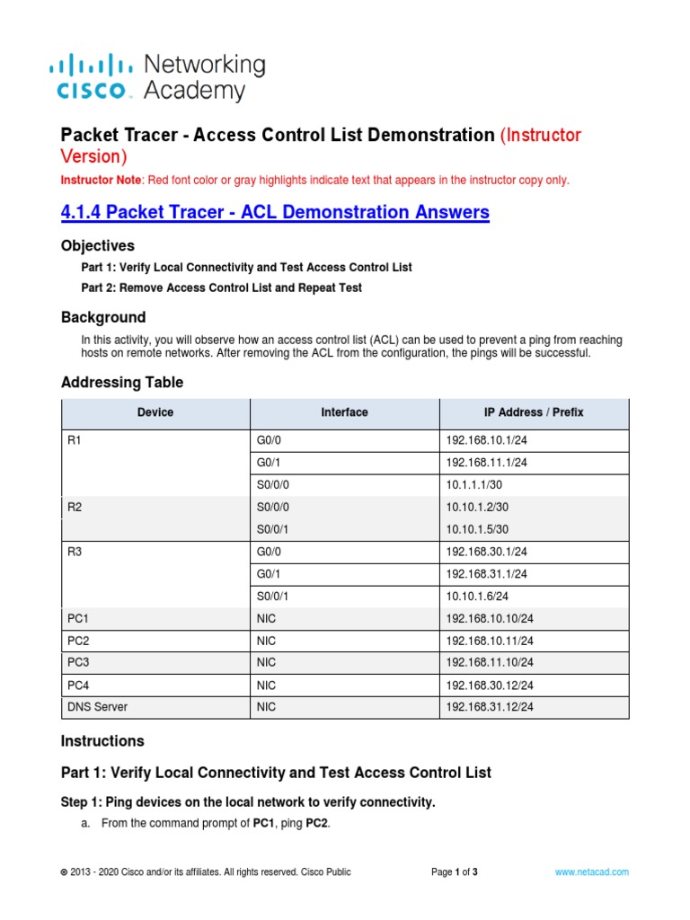 4 1 4 packet tracer acl demonstration pdf router computing