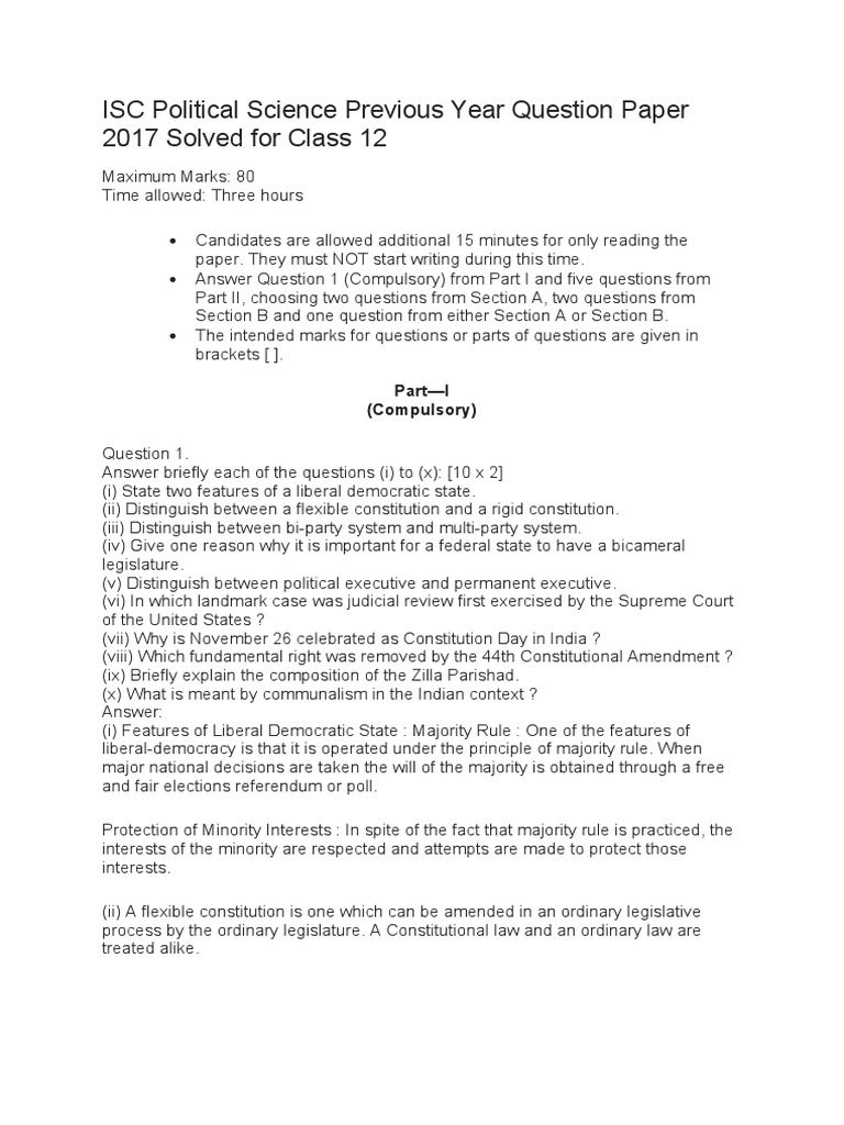 ISC Class 12 Political Science 2017 Solved Paper | PDF | Presidents Of ...