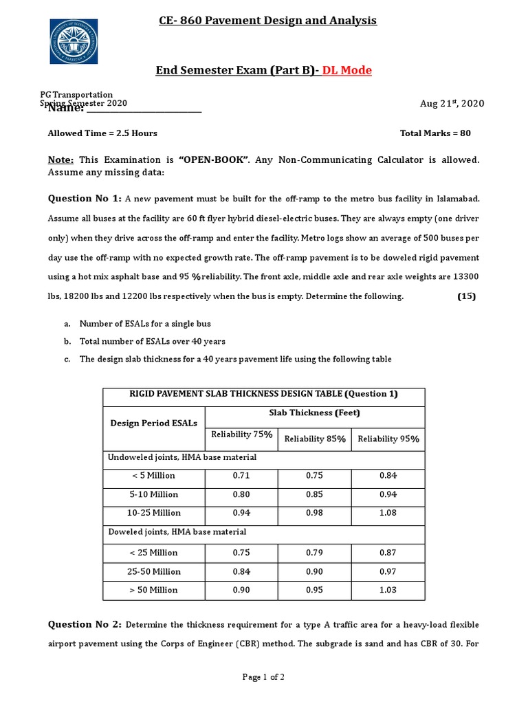 CE-860 ESE Part-2 Spring 2020 | PDF | Road Surface | Civil Engineering