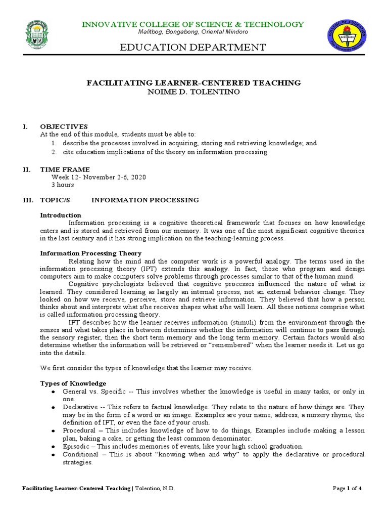 Education Department Facilitating Learner Centered Teaching Pdf