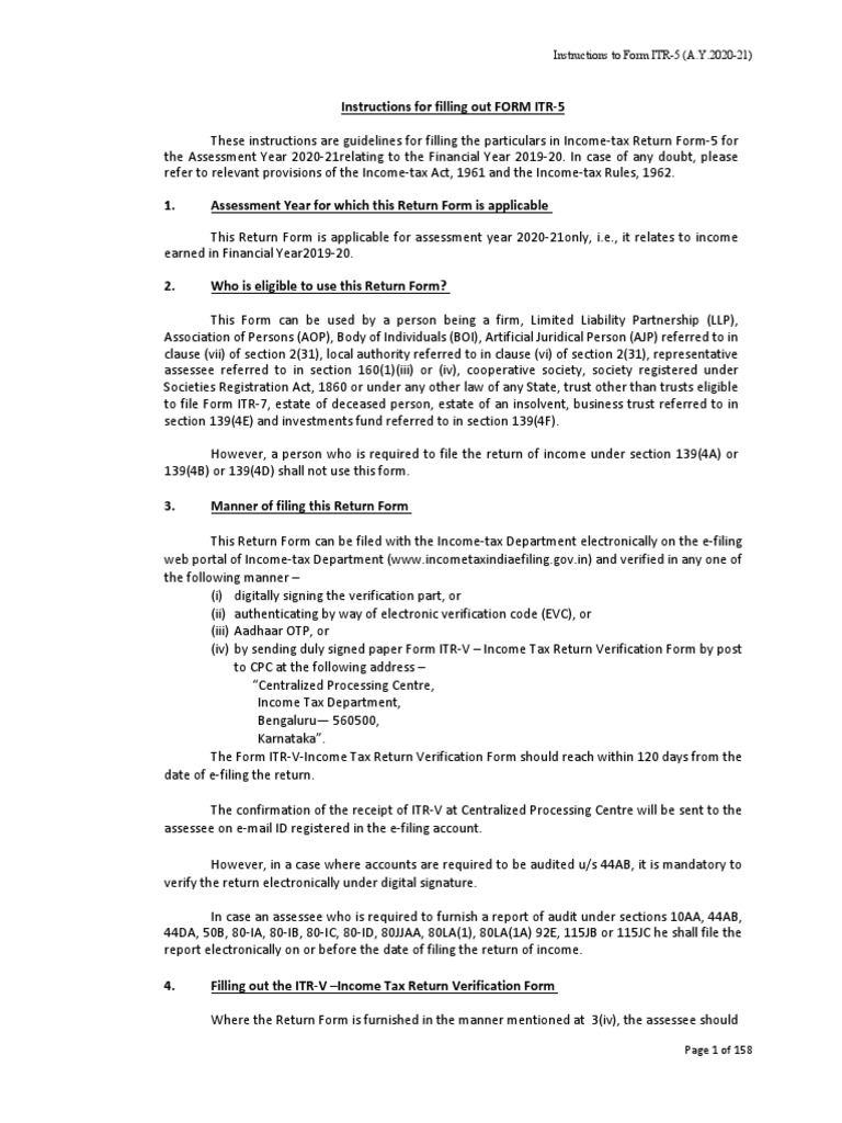 ITR-5 Filing Instructions for A.Y. 2020-21 | PDF | Income Statement ...