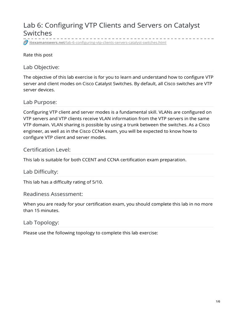 Lab To Do - Configuring VTP Clients and Servers On Catalyst Switches ...