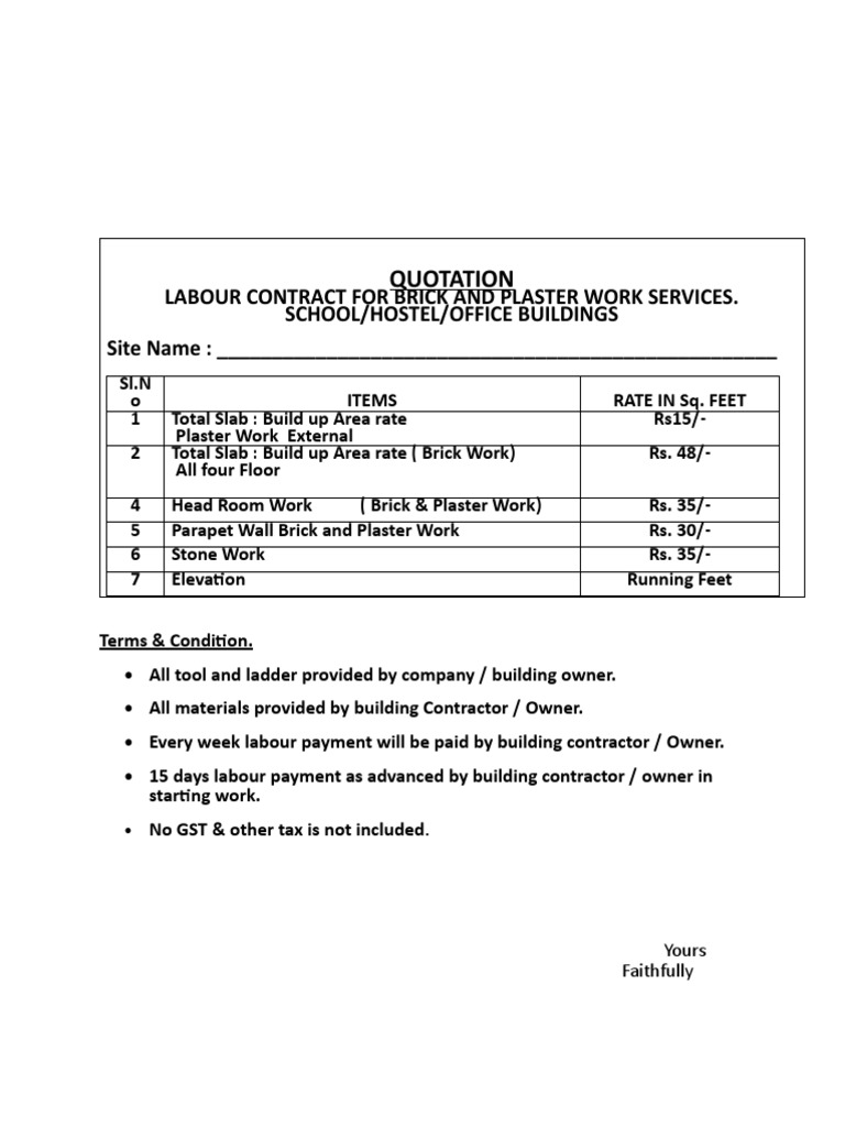 Labour Contract Quotation for Plastering | PDF