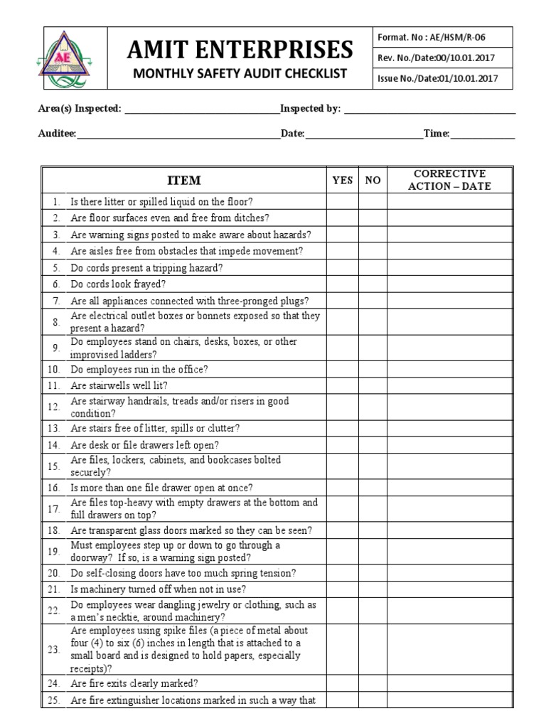 Monthly Safety Audit Checklist | PDF | Stairs | Fires