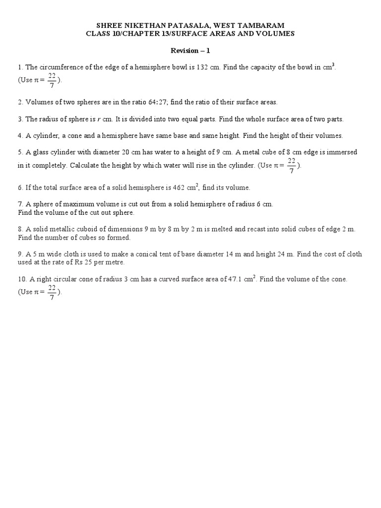 Class 10 Surface Area & Volume Worksheet | PDF | Art | Science ...