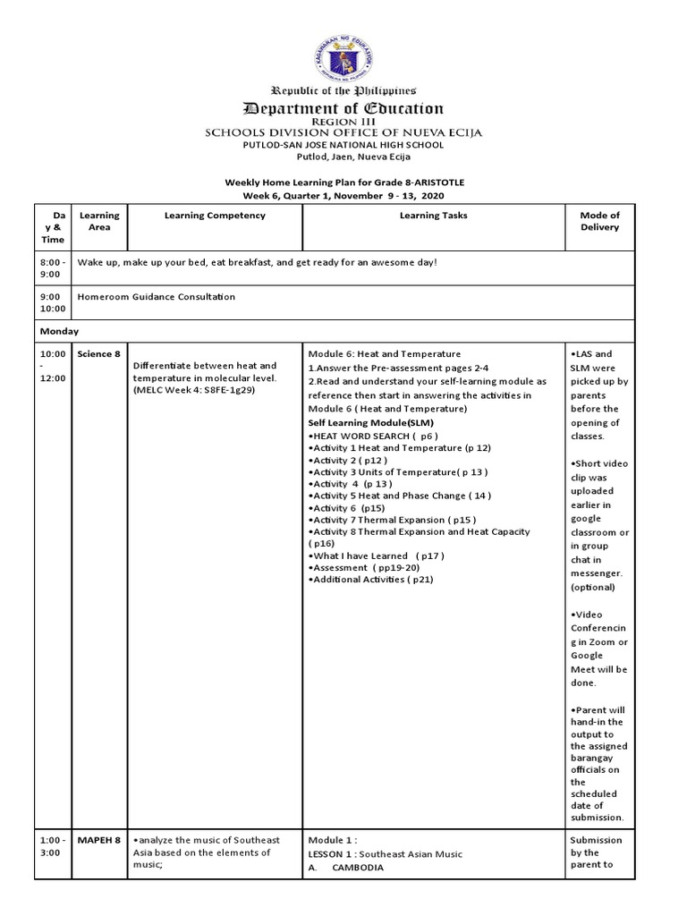 Grade 8 Weekly Learning Plan: Nov 2020 | PDF | Entertainment (General)
