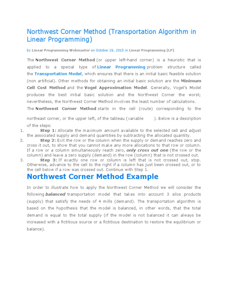 Northwest Corner Method Explained | PDF | Linear Programming ...