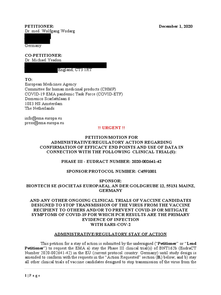 Wodarg Yeadon EMA Petition Pfizer Trial FINAL 01DEC2020 en Unsigned With Exhibits