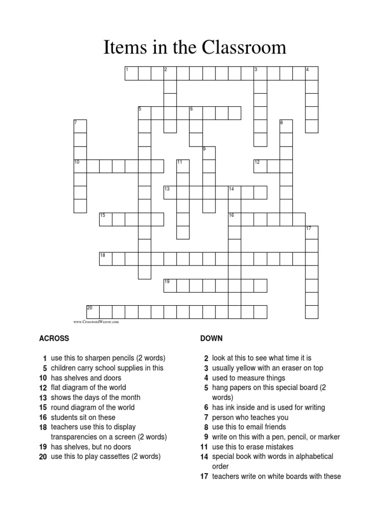 Items in The Classroom Esl Crossword Puzzle 1 PDF Conservation And Restoration Materials