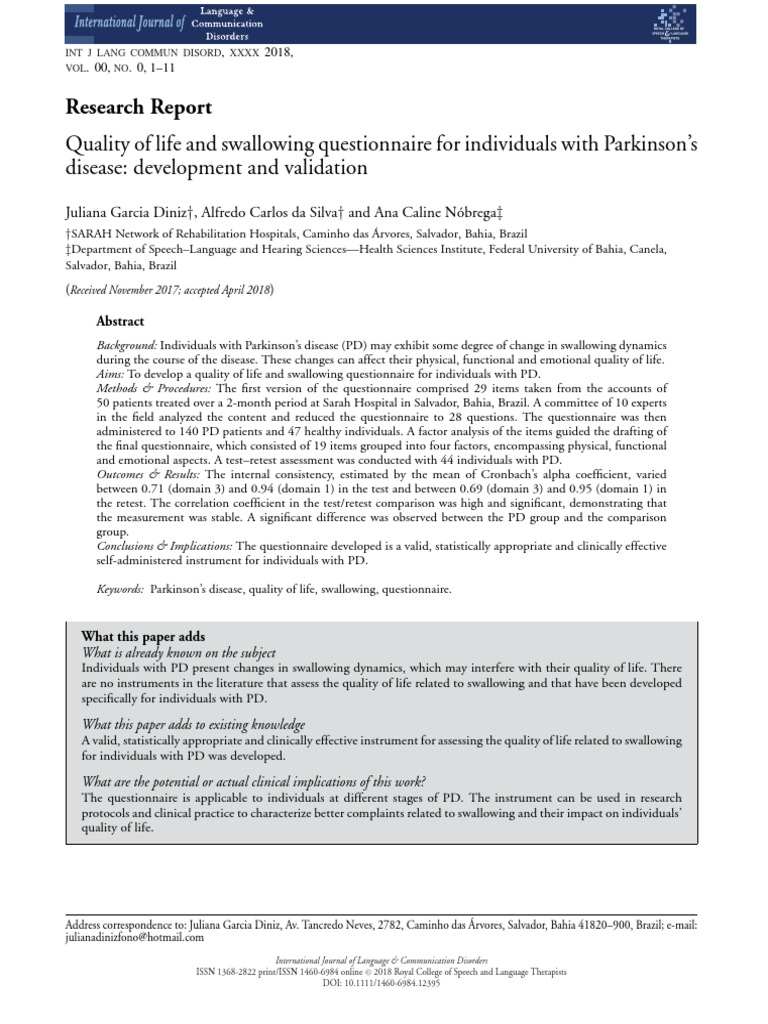 Swallowing Quality of Life in Parkinson's Disease | PDF | Factor ...