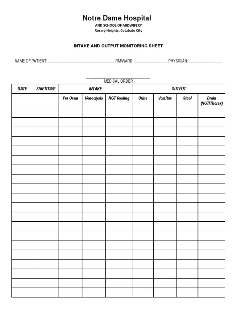 NDH - Intake and Output Monitoring Sheet | PDF