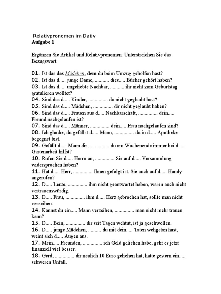 Relativpronomen Im Dativ | PDF