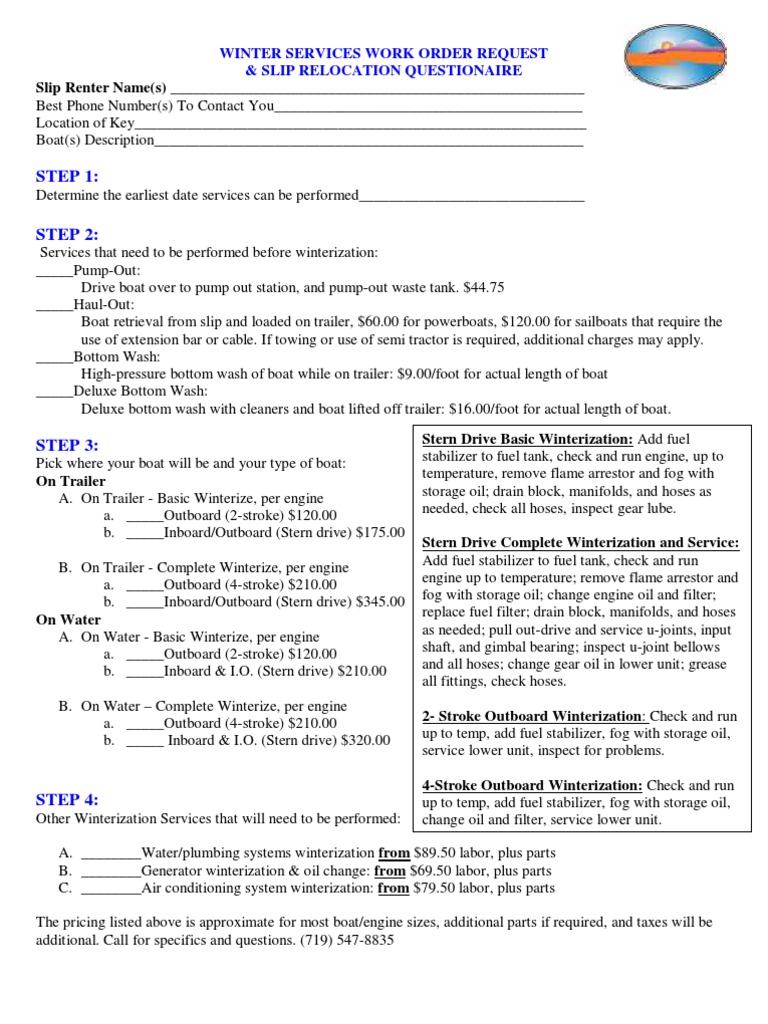 Winter Boat Services Request Form | PDF | Manufactured Goods ...