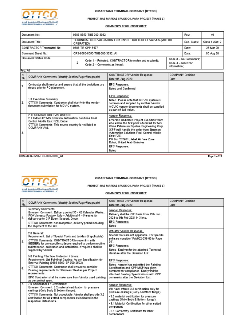 OTTCO Ras Markaz Project Comments Review | PDF | Valve | Screw