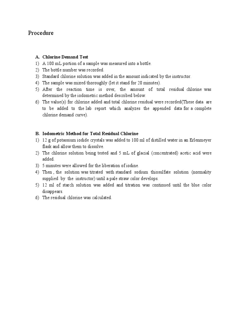 Procedure A. Chlorine Demand Test PDF Chlorine Disinfectant