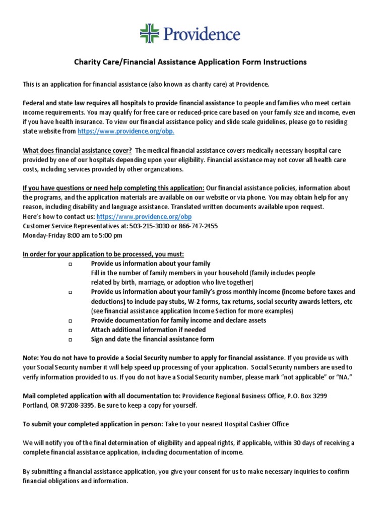 Charity Care/Financial Assistance Application Form Instructions | PDF ...