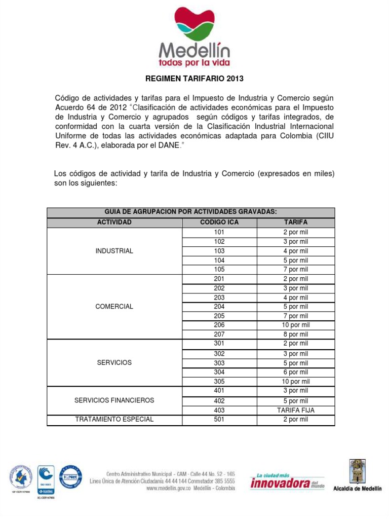 Tabla de Ica Medellin PDF Seguro Turismo