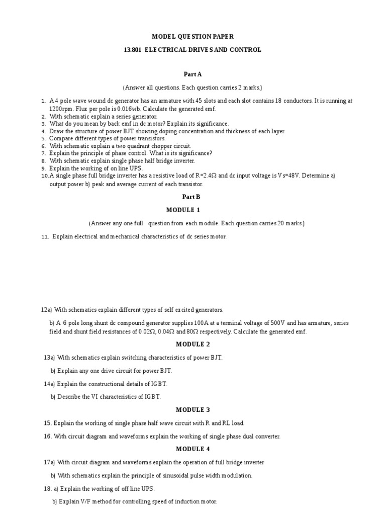 Model Question Paper 13.801 Electrical Drives and Control PDF Power