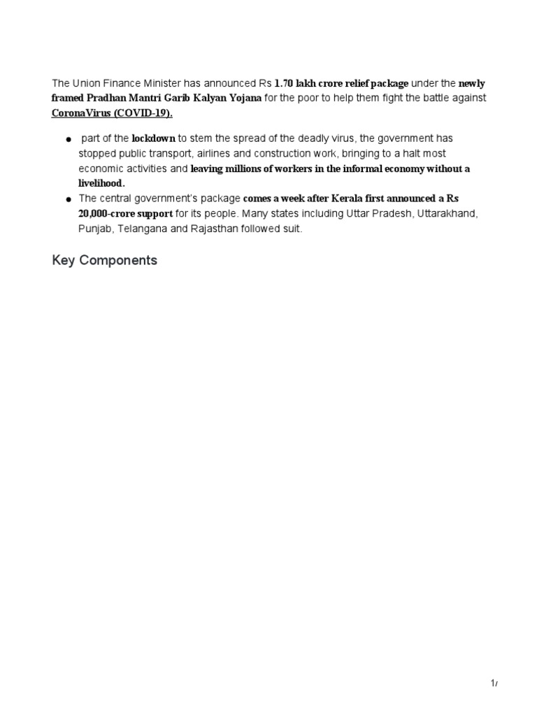 Rs 1.70 Lakh Crore COVID Relief Package | PDF | Employment | Economies