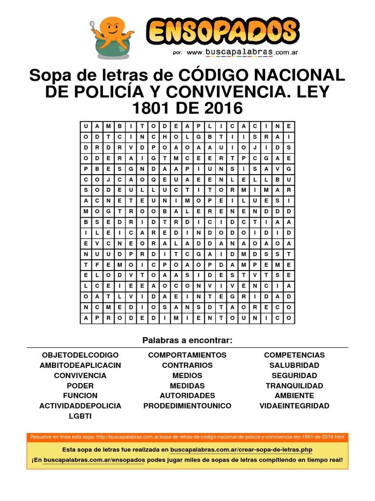 Sopa de Letras de Código Nacional de Policía y Convivencia Ley 1801 de