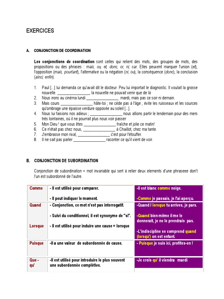 Les Conjonctions De Coordination Exercices Pdf Exercices: A. Conjonction de Coordination | PDF | Linguistique | Grammaire