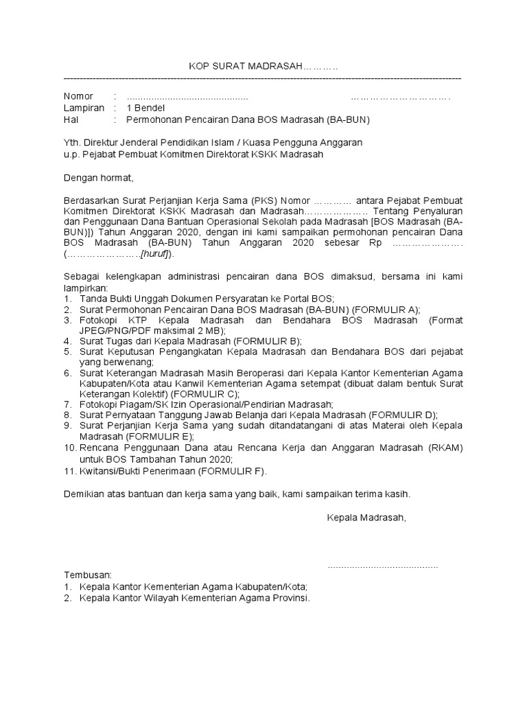Surat Permohonan Pencairan Dana Bos Madrasah