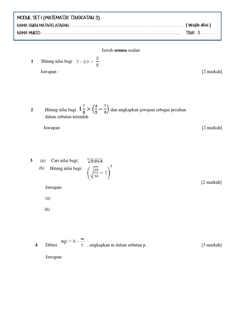 Modul Math F3 Set 1 | PDF