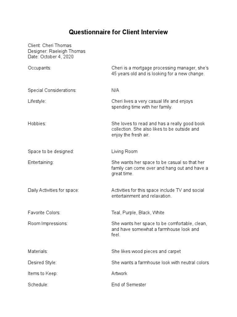 Questionnaire For Client Interview | PDF | Art