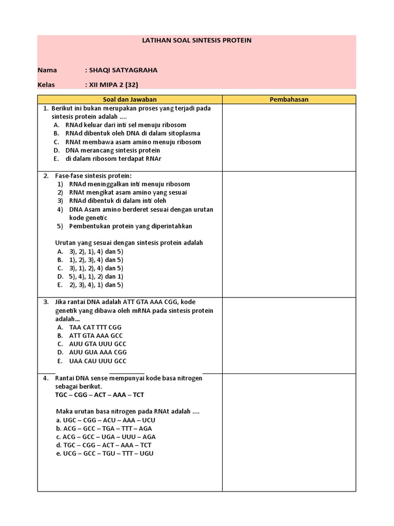 Latihan Soal Sintesis Protein Kelas XII | PDF