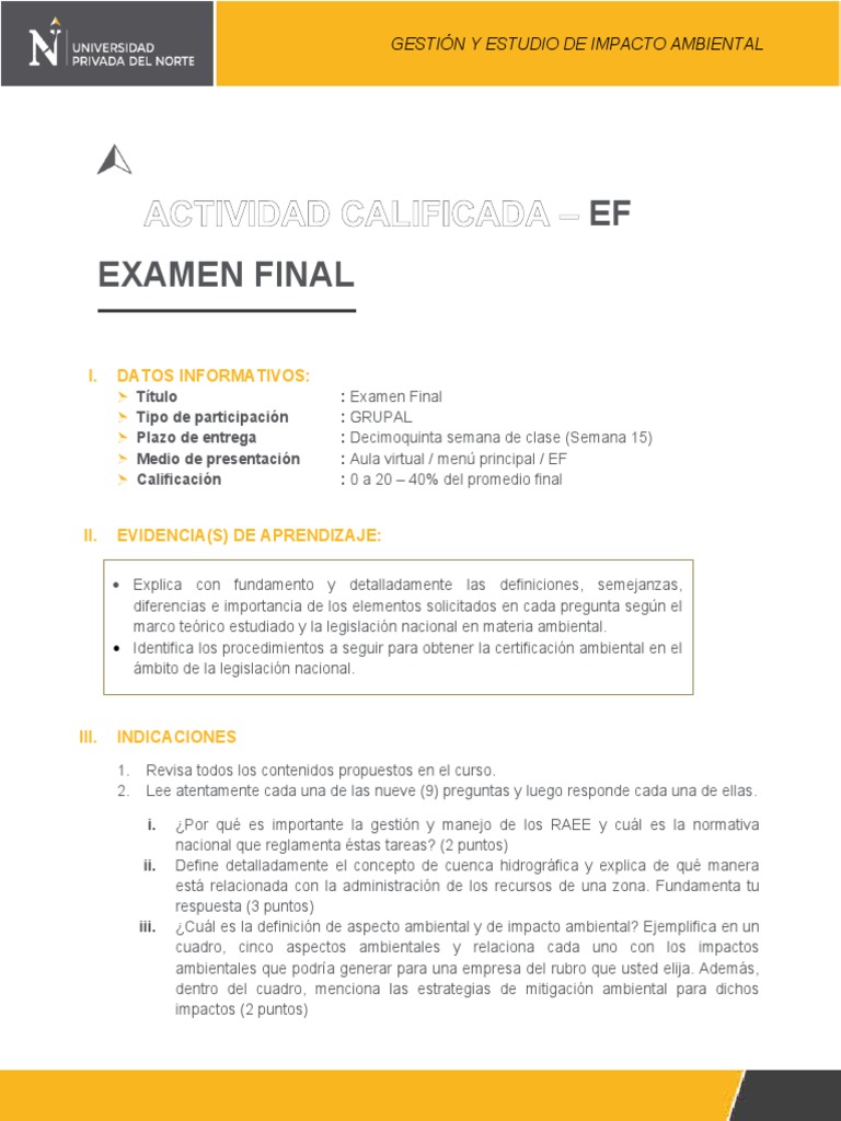 Examen Final: Gestión Ambiental y EIA | PDF | Evaluación de impacto ...