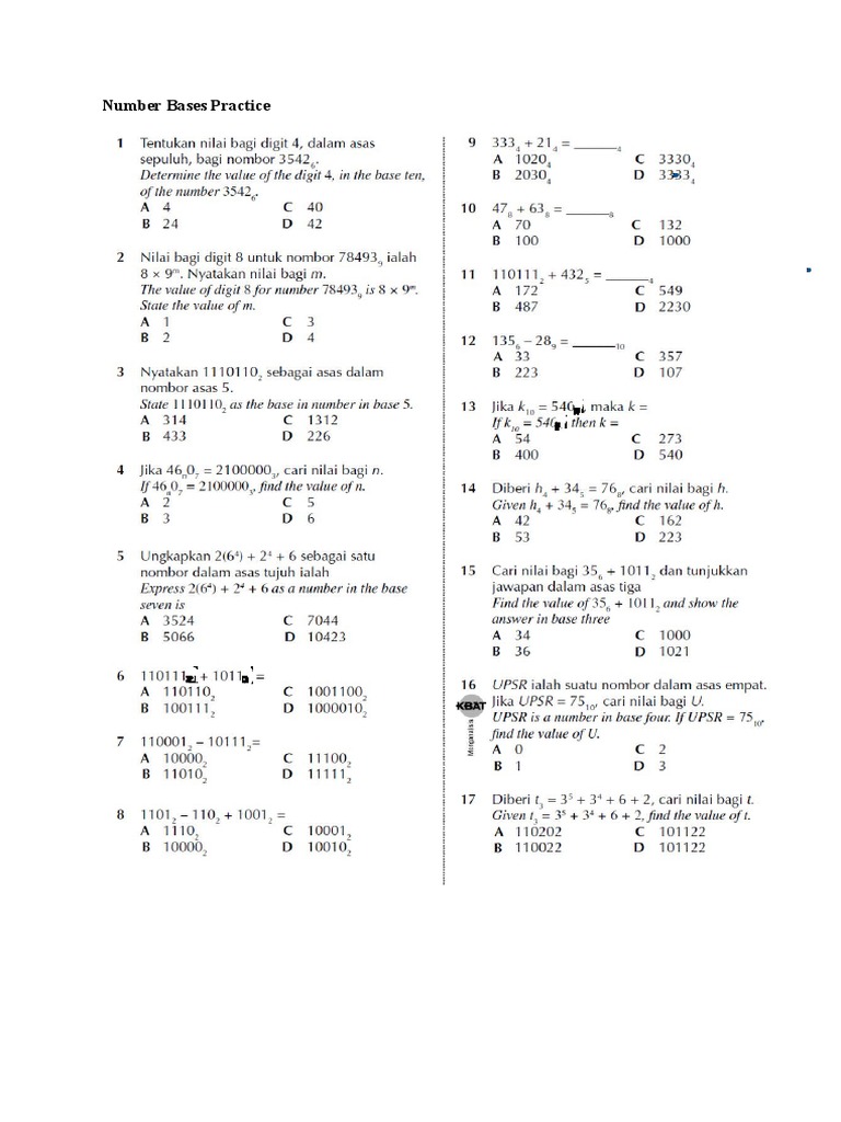 Form 4 Mathematics: Number Bases Exercise | PDF